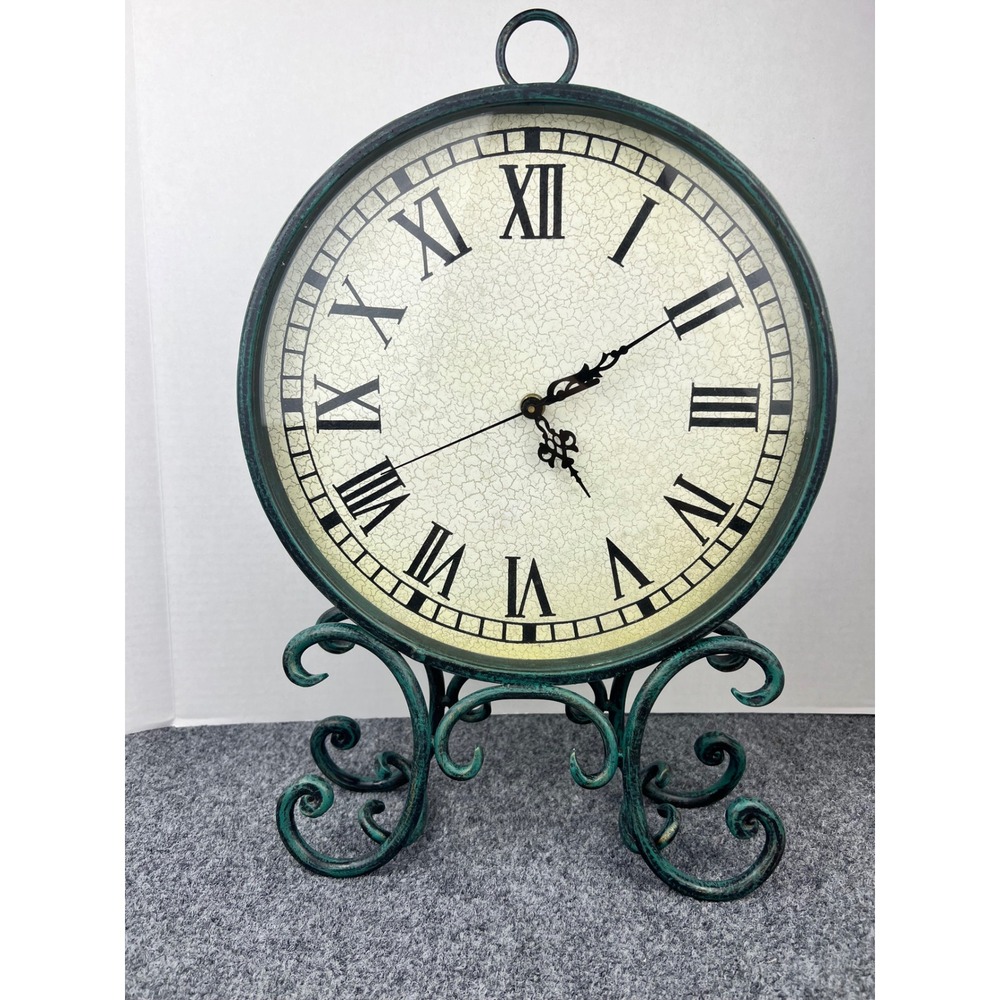VTG Style Teal Metal Tabletop Clock Roman Numeral Scroll Base Farmhouse 18 in